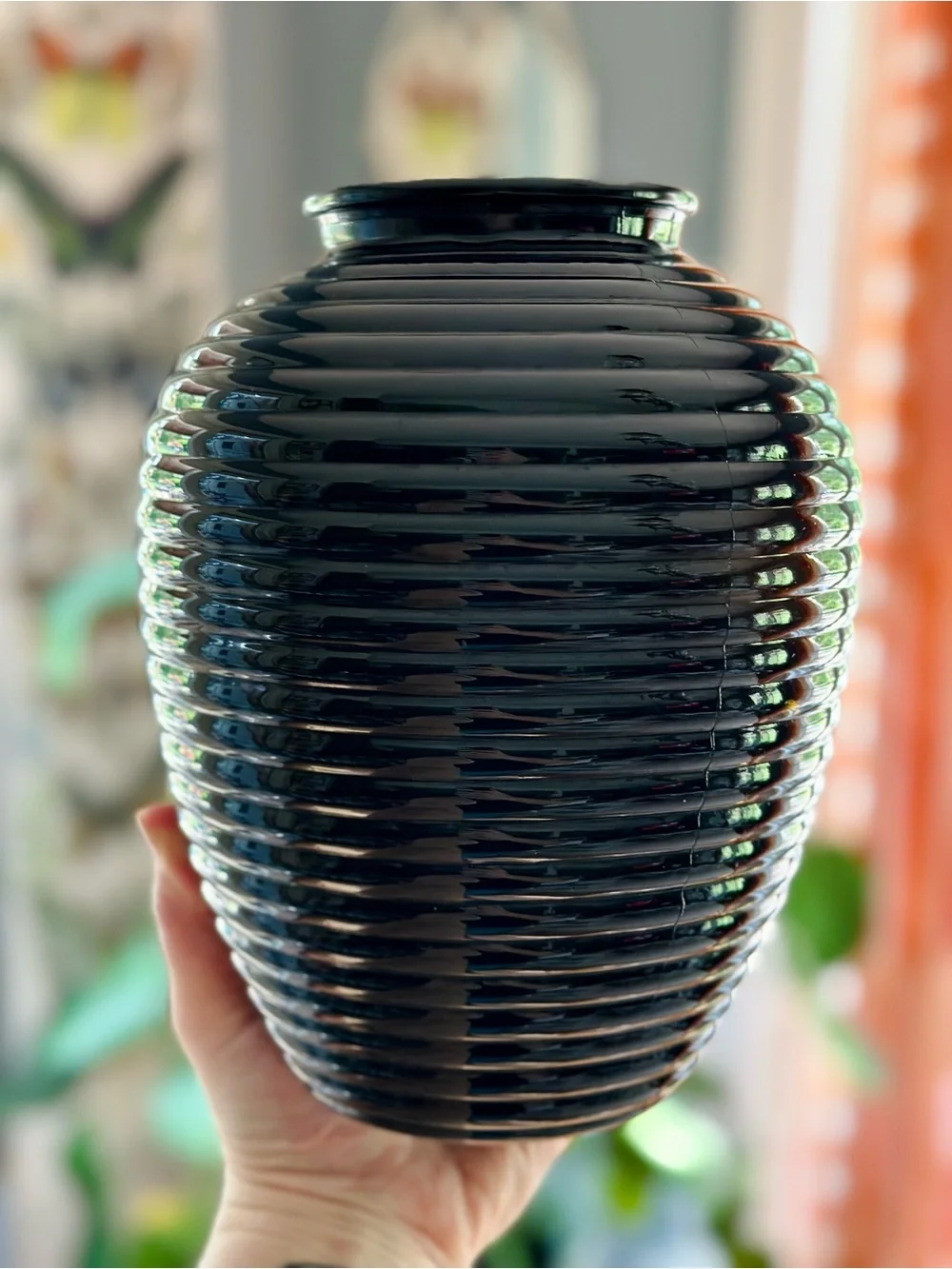 Vintage Art Deco Black Glass Beehive Vase